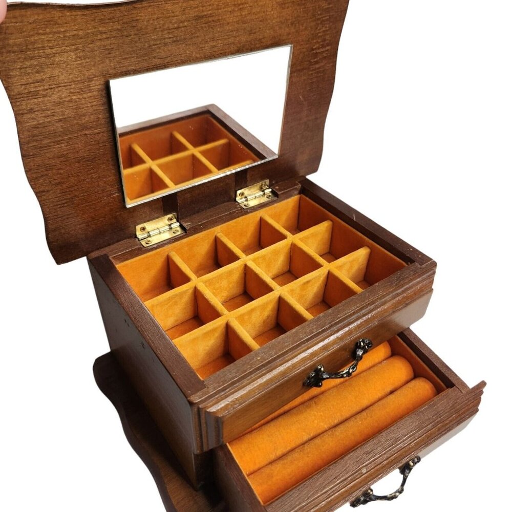 Vintage Small Dresser Jewelry Box Orange Velvet Inside With Mirror Ring Box
